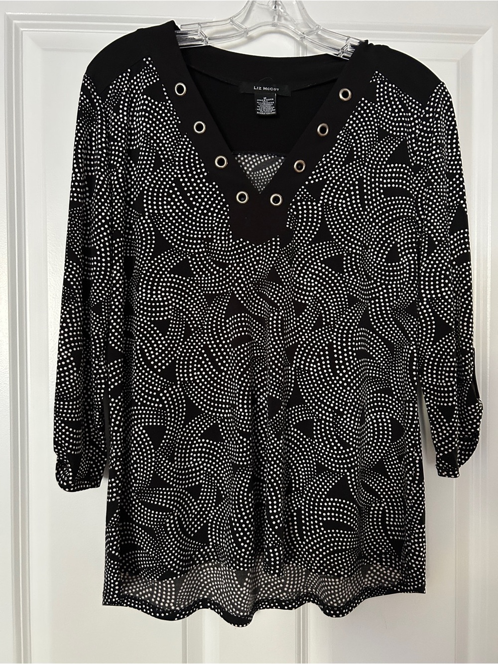Liz Mccoy Black and White Dot Swirl V-Neck Long Sleeve Top with Grommets